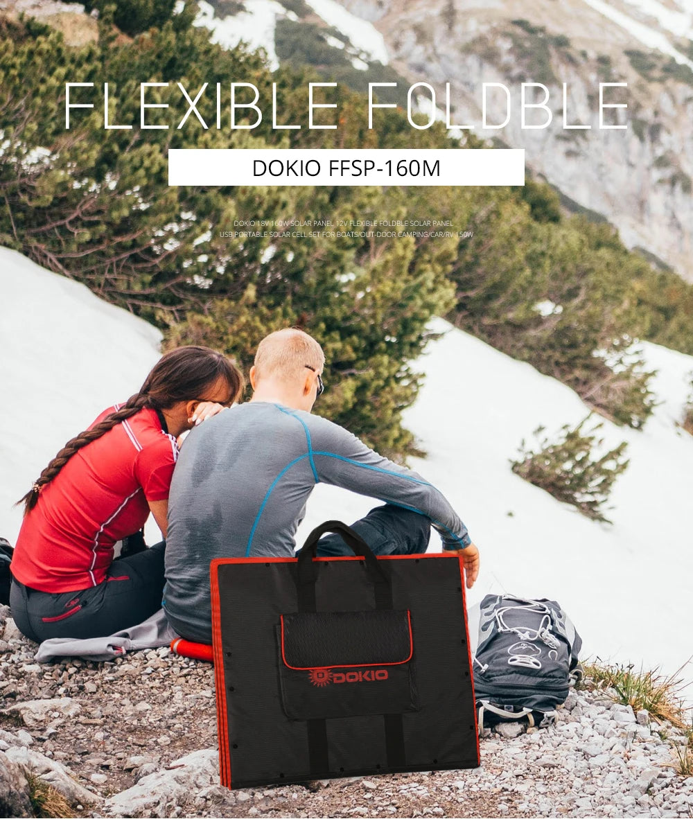 Dokio Flexible Foldable Solar Panel, Portable, high-efficiency solar panel kit for travel, charging phones and boats, available in various power levels.