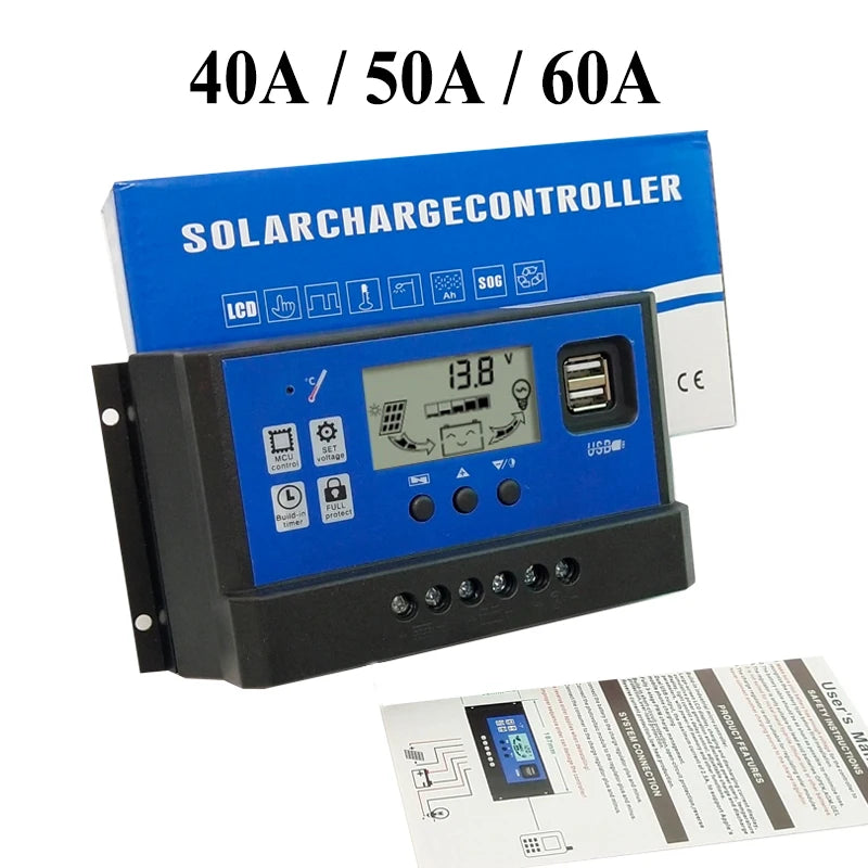 Solar controller with LCD display and USB output, suitable for 12V or 24V solar panels and 40-60A charging.