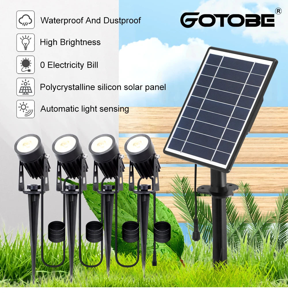 1 TO 4 RGB Outdoor Solar Landscape Light, Self-sustaining solar panel system with waterproof design and automatic lighting control.