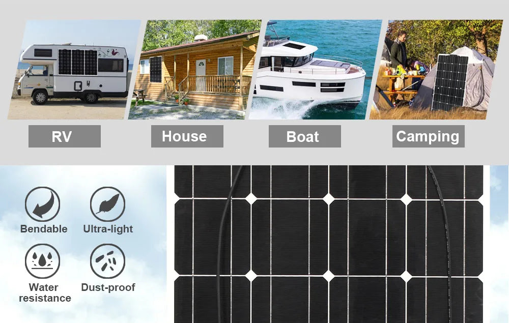 High-efficiency solar panel kits with flexible panels, 12V/24V modules, and battery chargers for reliable power generation.