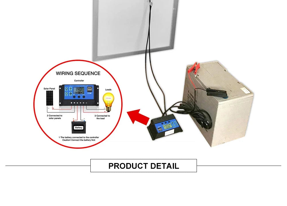 Waterproof solar panel set for home charging, compatible with 12V car battery, includes wiring instructions.