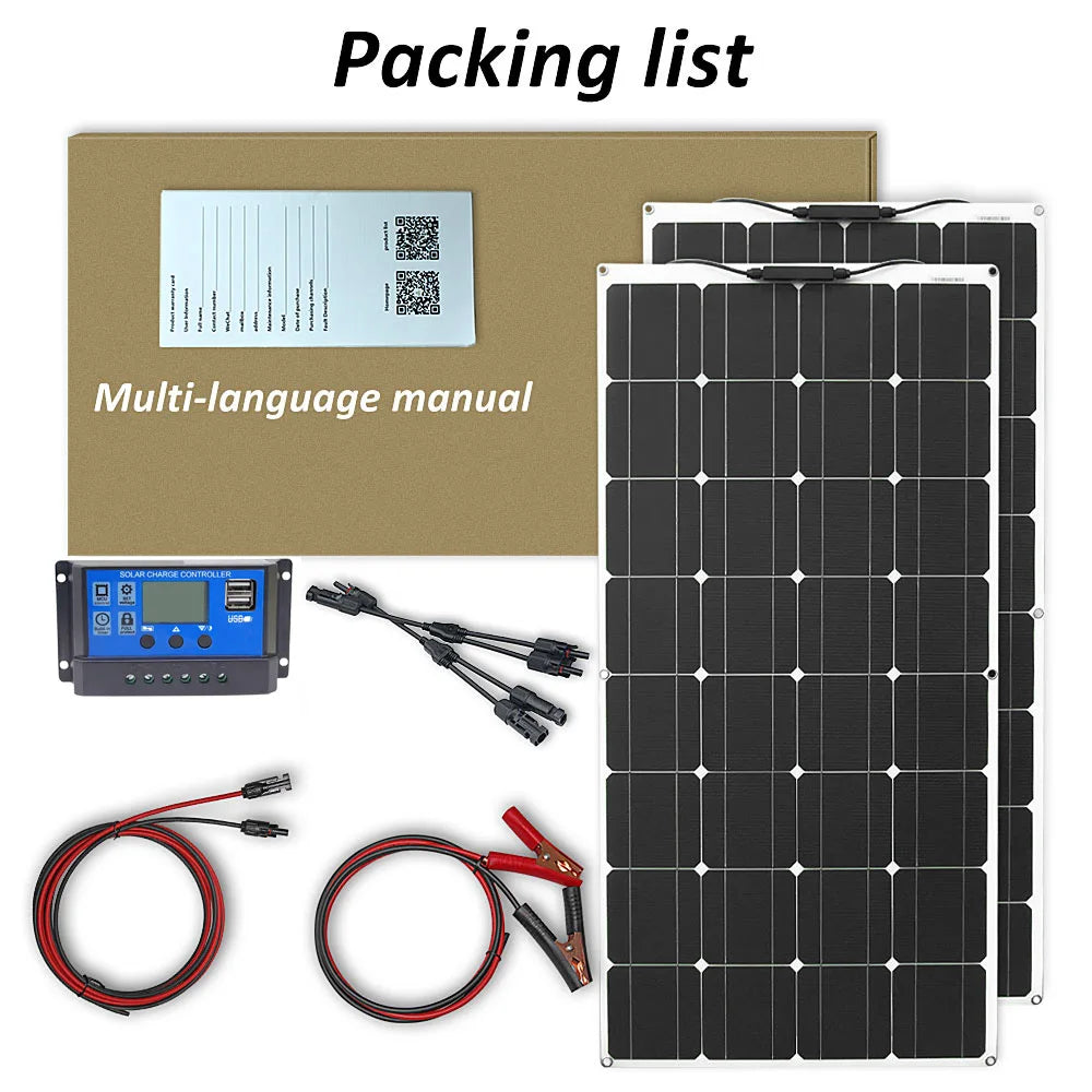 Multilingual user manual included with packaging for easy solar panel kit and charger setup.