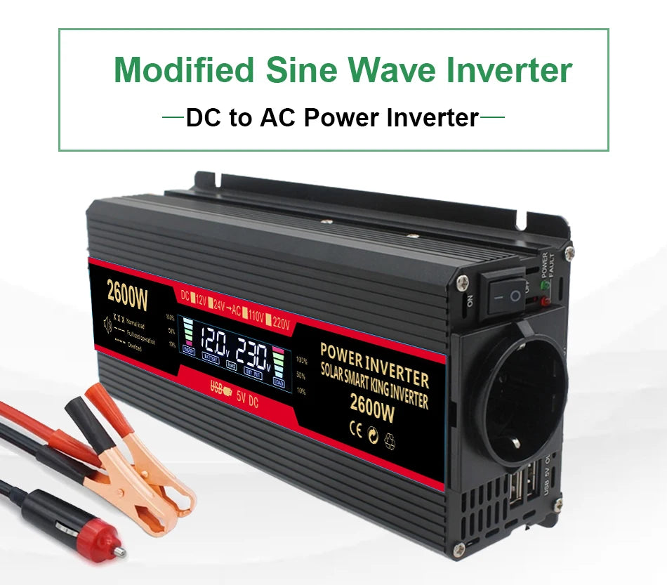 Solar Inverter, Modified sine wave power inverter with LCD display and USB ports.