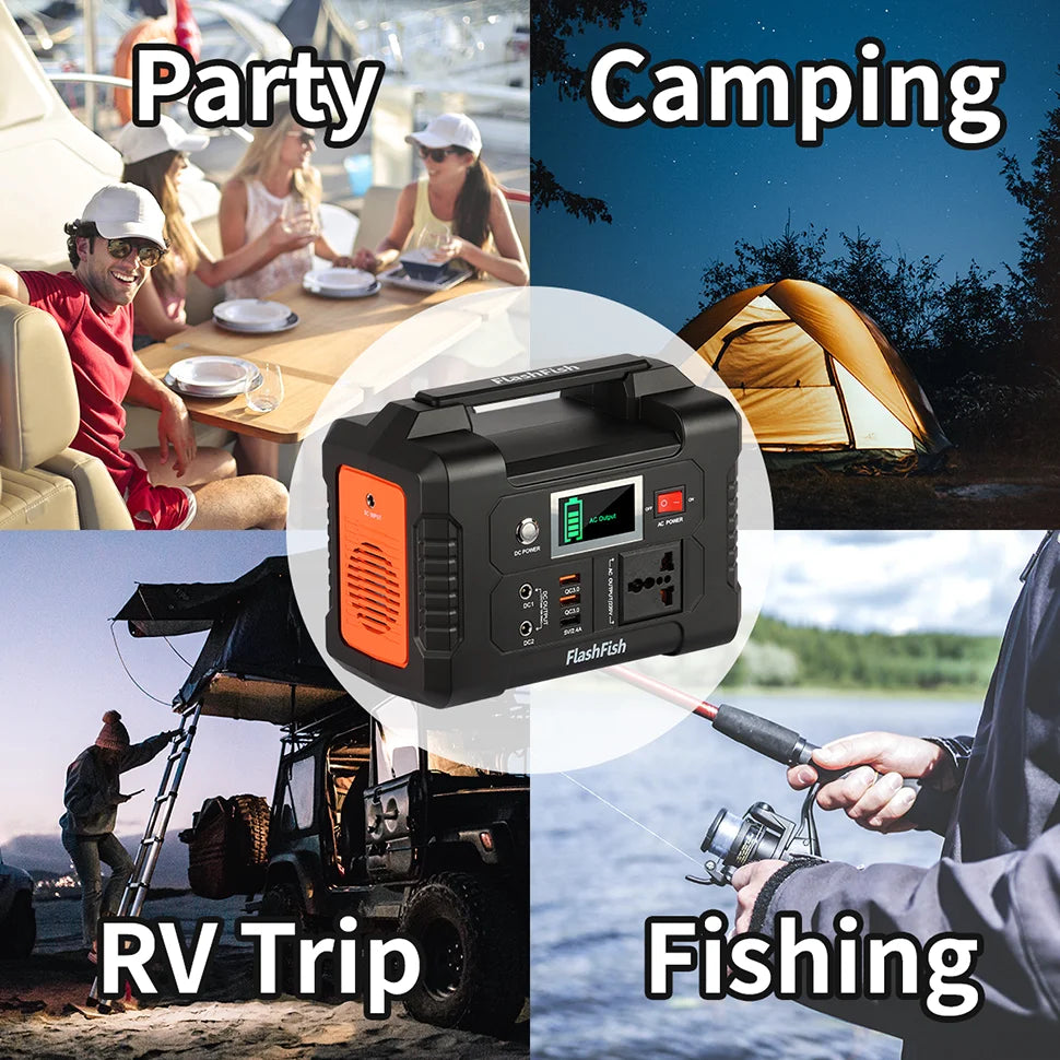 FF Flashfish E200, Powerful portable power station for camping, fishing, or outdoor adventures in party-friendly settings.