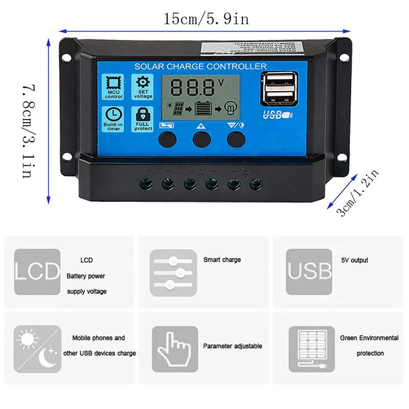 Solar charge controller with LCD display and adjustable features for 12V/24V systems.