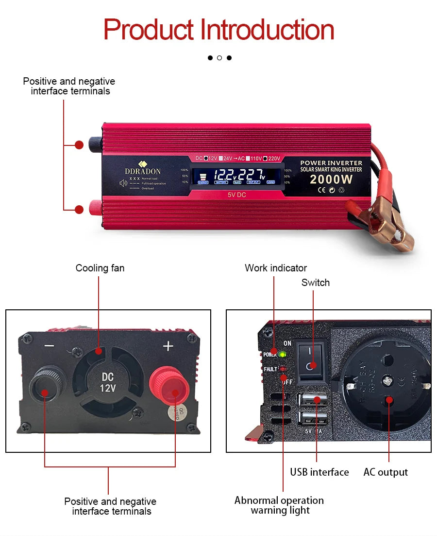 Car Power Inverter: Convert DC to AC, supports up to 2000W, with USB input and indicator lights.