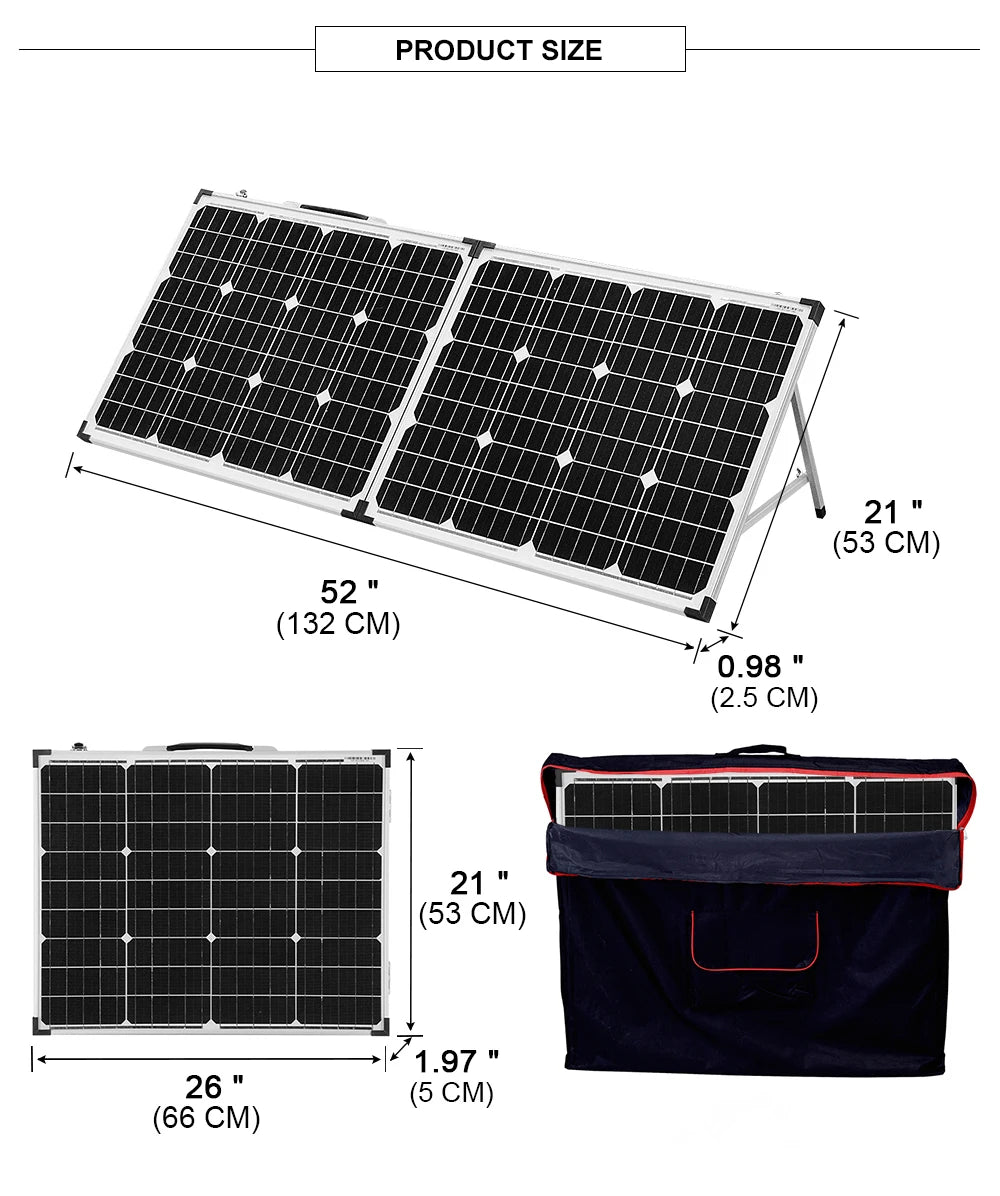 Dokio 100W Foldable Solar Panel, Gray controller supports 12V batteries, no battery connection required.
