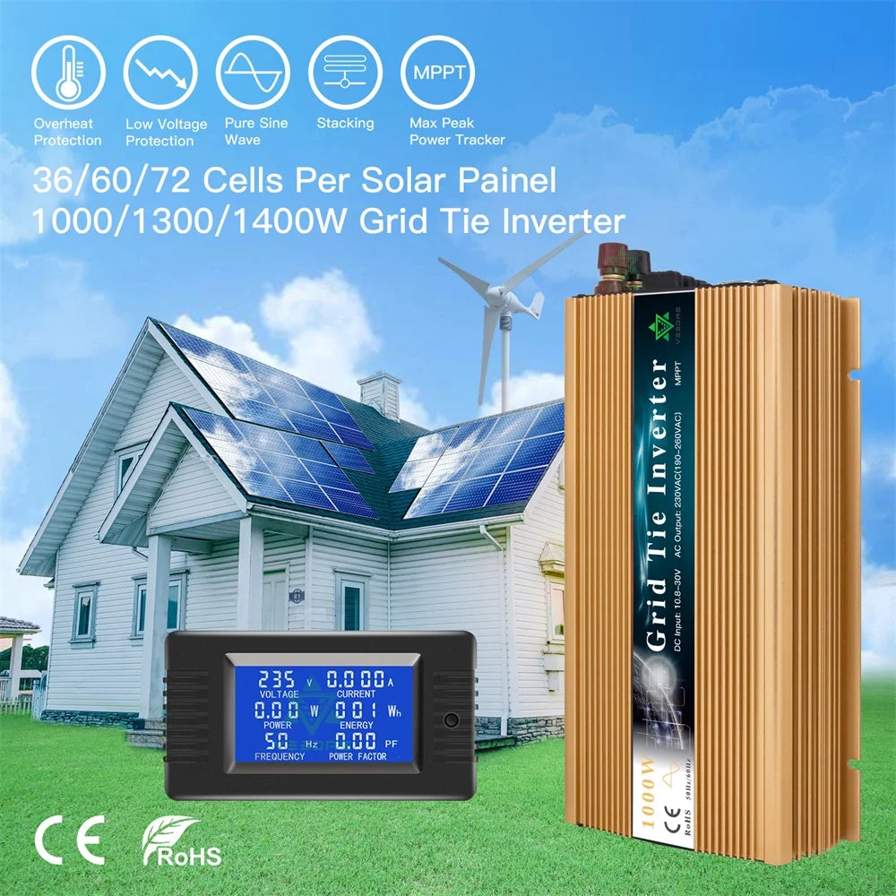 1000W 1300W 1400W MPPT Home On Grid Tie Inverter, Solar Inverter: Pure sine wave, MPPT technology, overheat/low voltage protection, suitable for grid-tied systems up to 1400W.