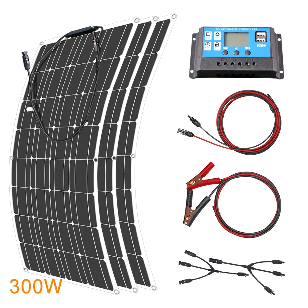 12V Flexible Solar Panel, Connect solar panel to battery: attach cables to controller with alligator clips and ensure proper polarity for correct voltage display.