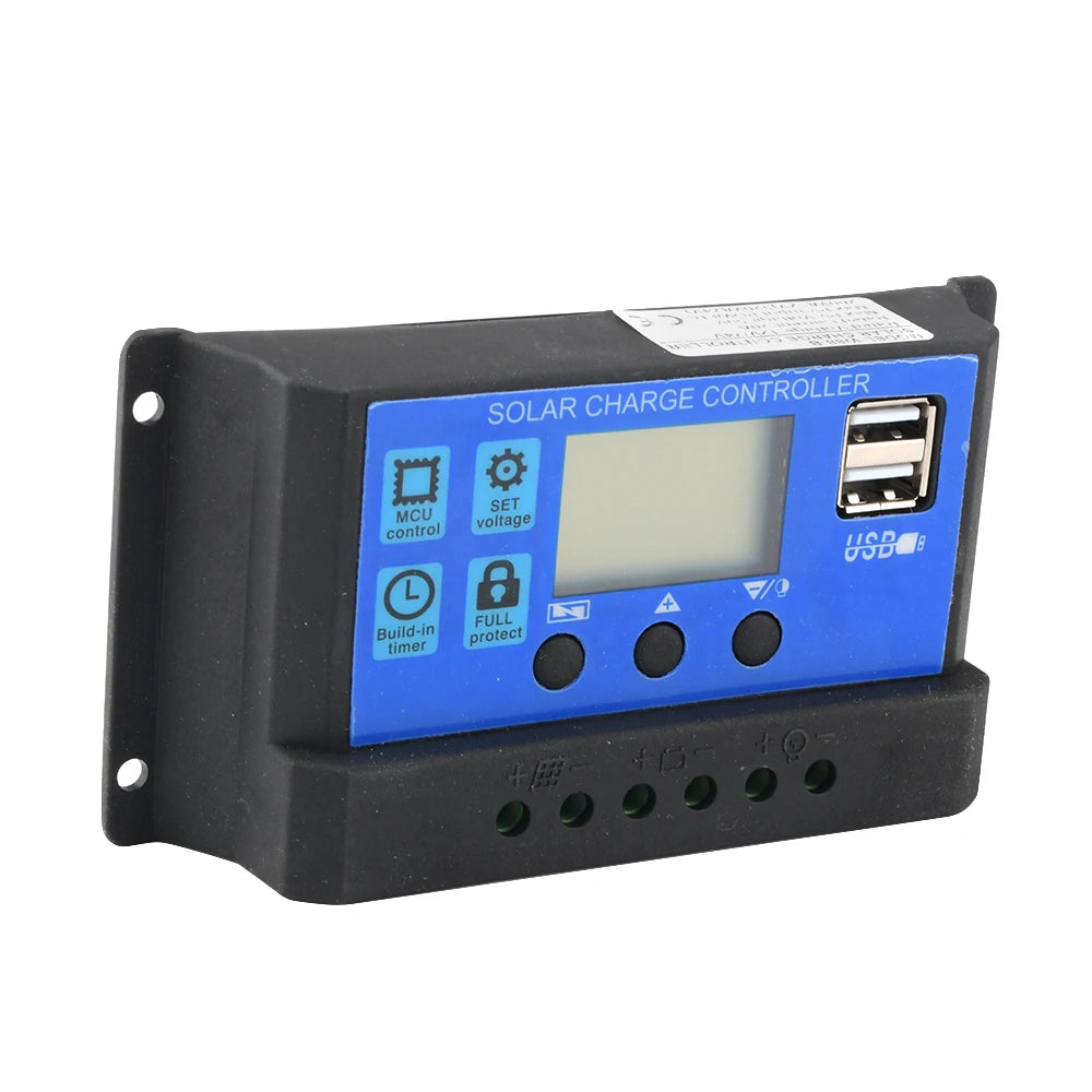 12V 24V PWM Solar Batteries Controller, Solar Charge Controller with built-in timer control, full protection, and dual USB output.