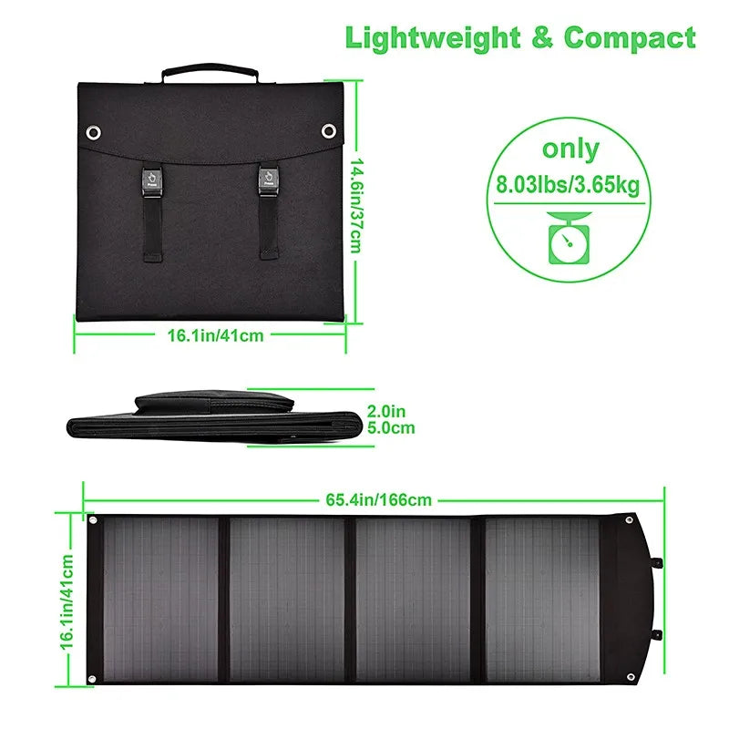 80W Portable Solar Panel, Portable solar panel weighs 3.65 kg, measures 16.1x2.0x5.0 inches.