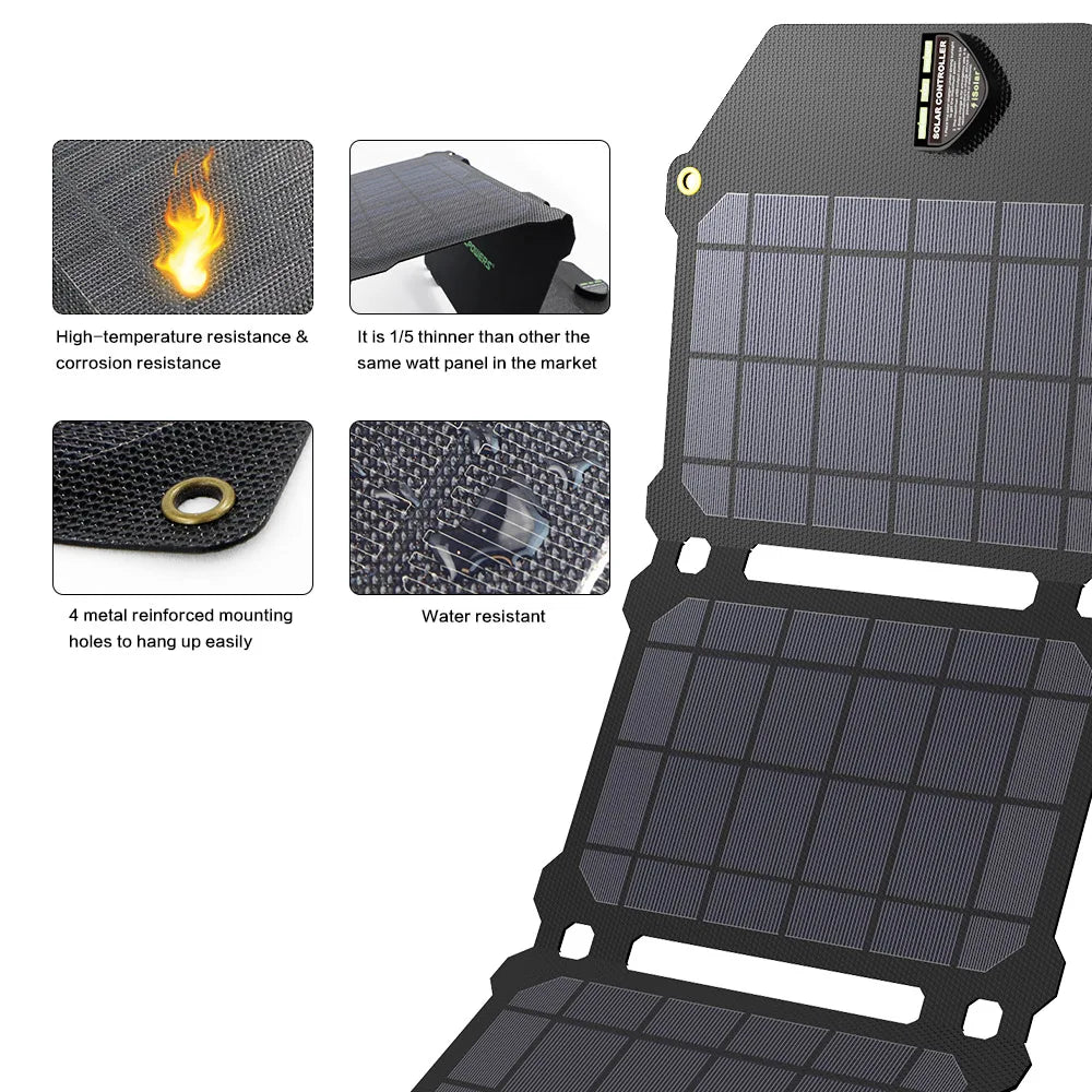 ALLPOWERS 21W Solar Panel, Durable solar charger with high-temp/corrosion resistance, thin design, and waterproof features.