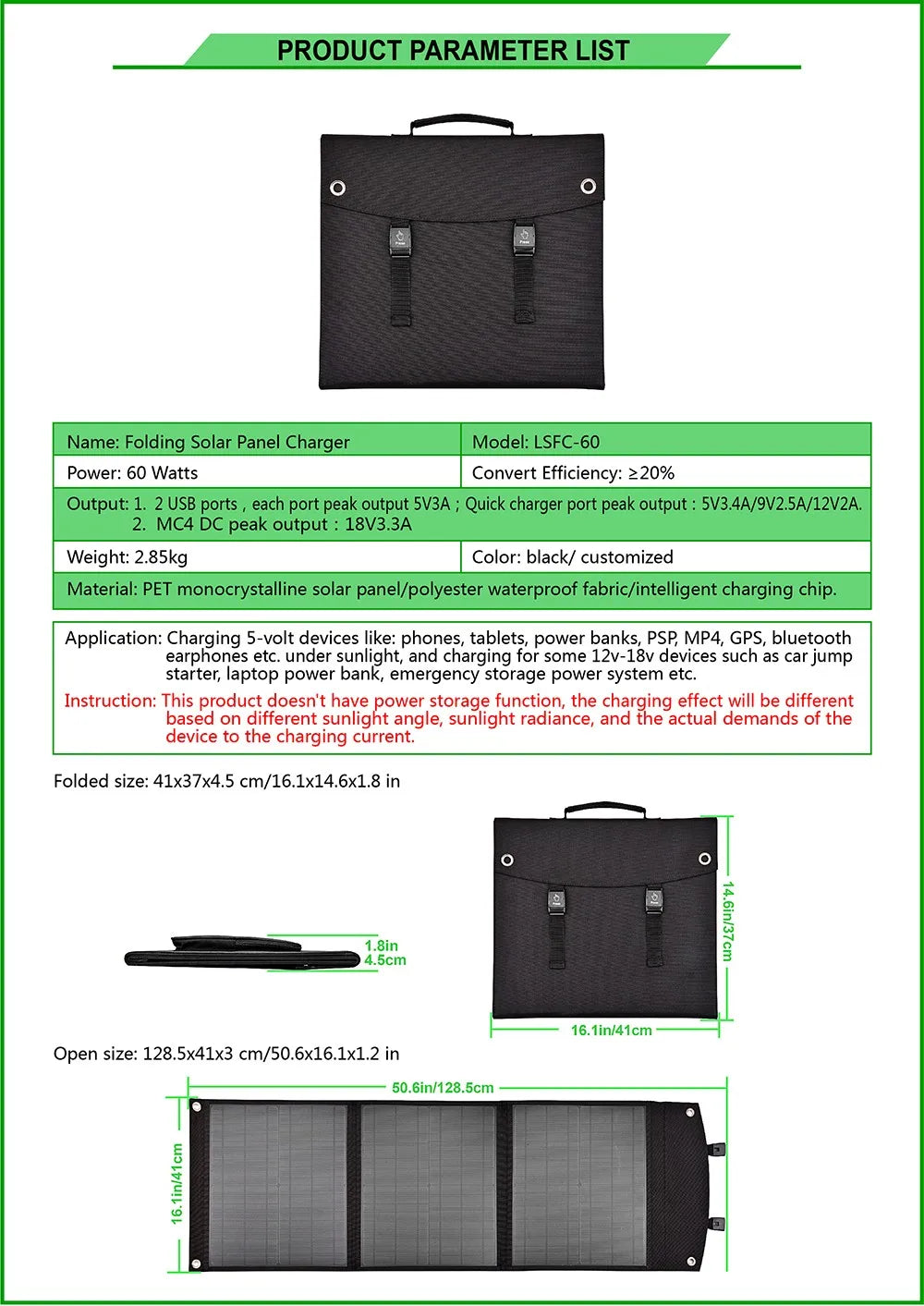 60W Portable Solar Panel, Best Solar Panels - 18v folding
