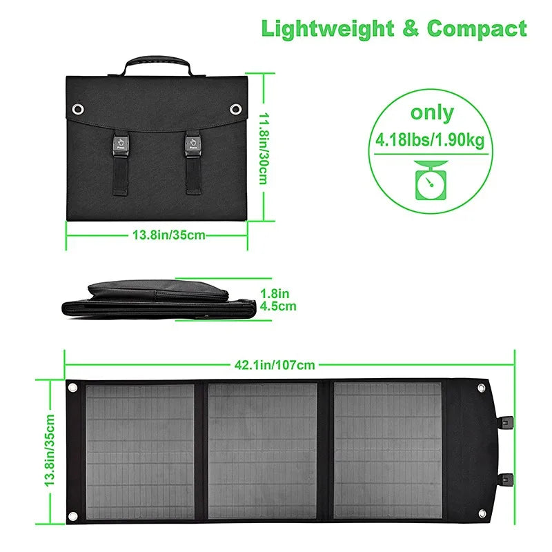 40W Portable Solar Panel, Portable solar panel measures 13.8x8 inches, weighing 7.44 lbs, ideal for outdoor use.