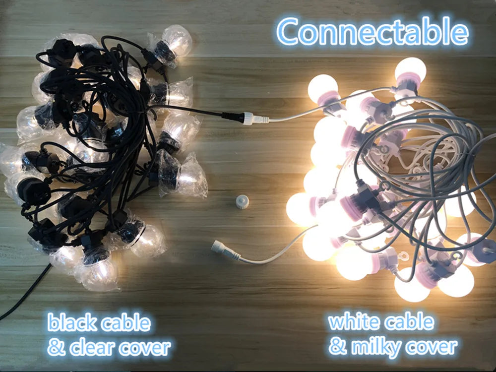 IP65 42ft LED G50 Festoon Globe Bulb String Light, Waterproof string lights for outdoor use with warm glow and connectable black cable.
