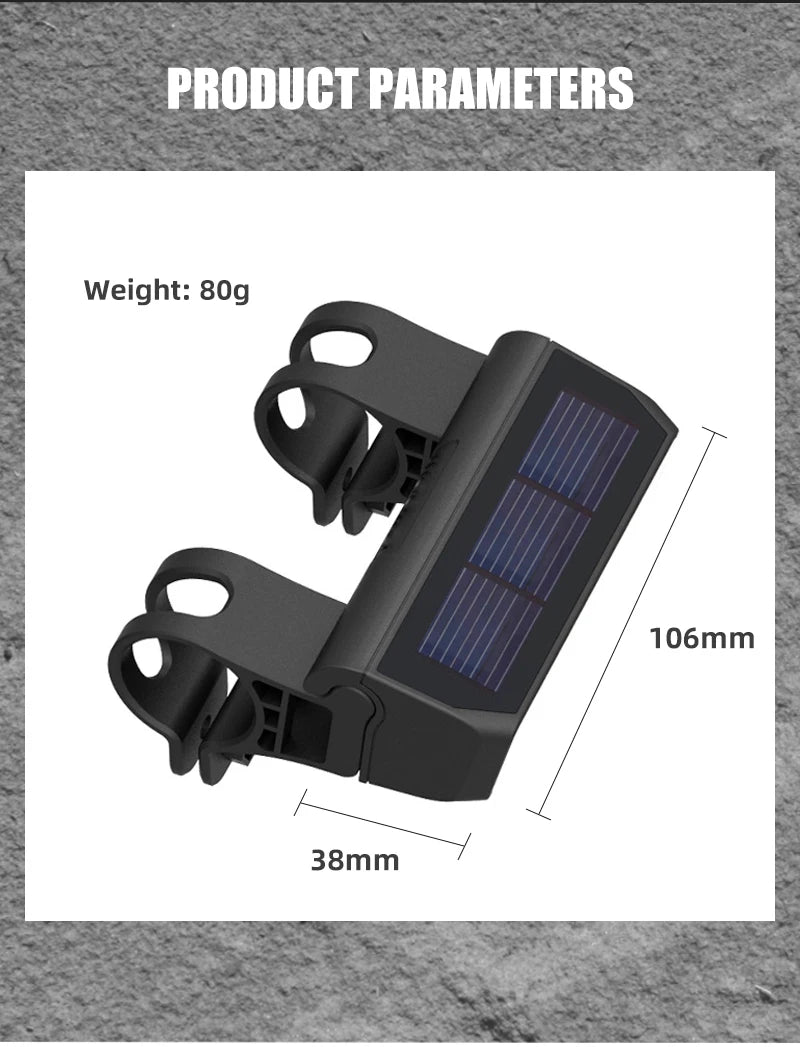 PCycling BLT258 Solar Bicycle Light, Weight: 80g, dimensions: 106mm x 38mm