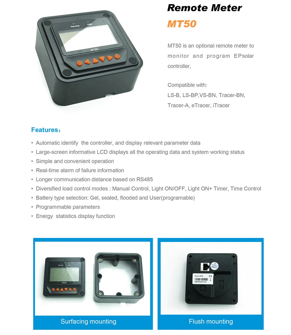Remote meter for monitoring and programming EPEVER Tracer series solar chargers with real-time data display.