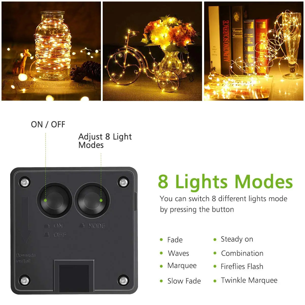 LED Solar Fairy Light, Adjustable LED lights with 8 customizable modes via a simple button press.