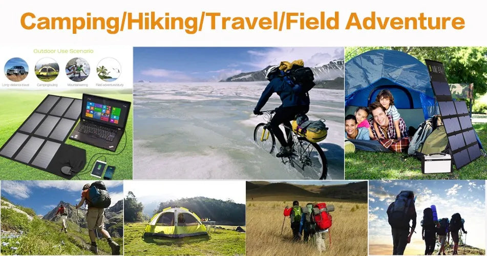 100W Portable Solar Panel, Portable solar panel for camping, hiking, and travel, powering generators and devices.