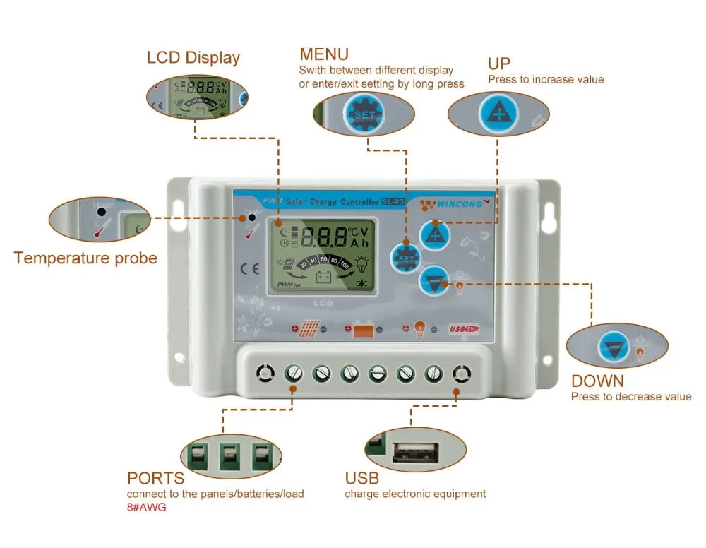 30A 10A 20A Solar Charge Controller, Solar controller with LCD display, switch, and buttons for menu options and settings.