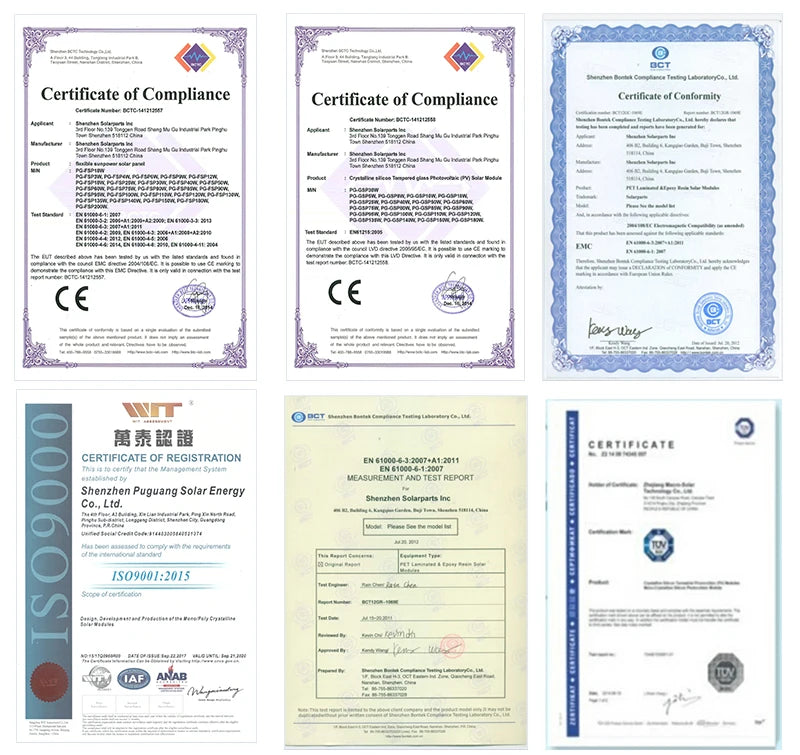 Flexible Solar Panel, Certificate of Compliance: Shenzhen Puguang Solar Energy Co., Ltd. meets international standards for solar panels.