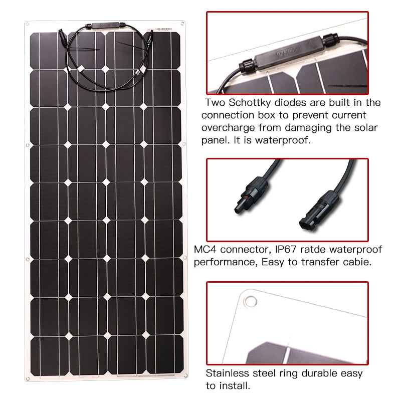 DOKIO 18V 100W Flexible Solar Panel, Waterproof portable solar panels charger for home, car, camping, and boat use.