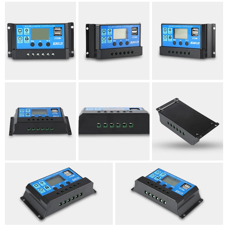EASUN POWER Solar Controller, Solar controller with PWM charging, LCD display, and USB ports for safe and efficient solar panel power management.