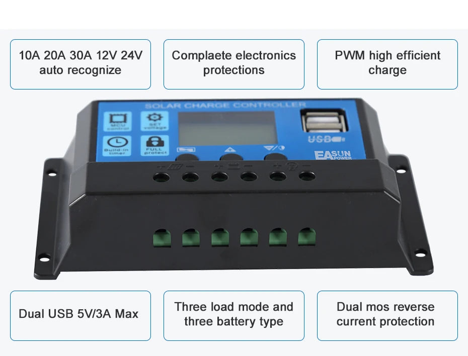 Solar PV Charge Controller, Solar charge controller with PWM tech, auto-protections, and multiple load modes for 12V or 24V systems.