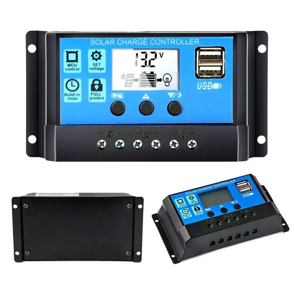 Solar PWM controller with LCD display and USB ports for 12V/24V systems.