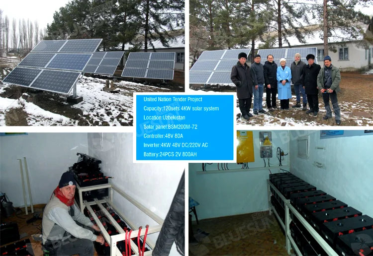 Bluesun 200Ah Solar Battery, Uzbekistan Solar Project: 120 sets of solar systems with controllers, inverters, and batteries.