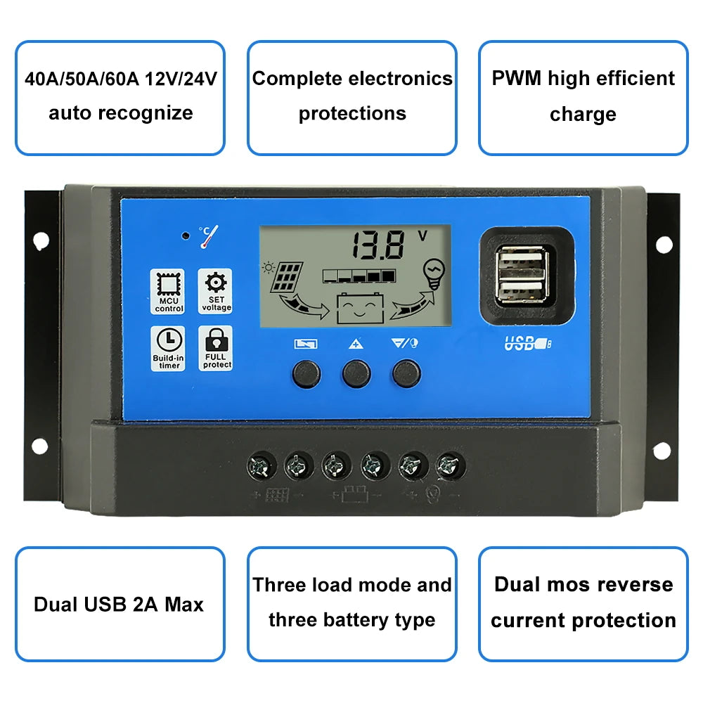 Y-SOLAR's 60A+ solar charge controller for 12V/24V systems with auto recognition and built-in protections.