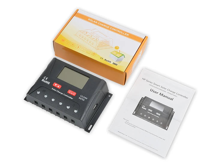 RoHS compliant solar charger controller for AGM, gel, flooded, and lithium batteries with PWM and LCD display.