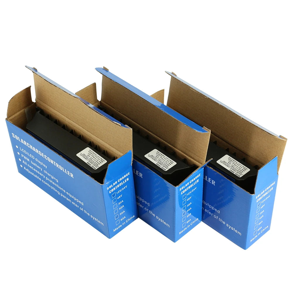 Solar charge controller with LCD display for monitoring and regulating solar-powered energy systems.