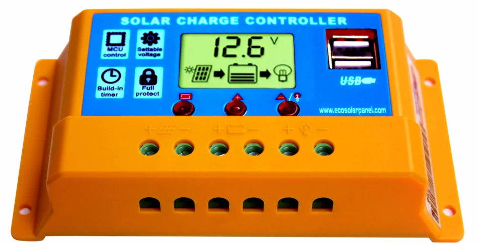 Smart solar charger with built-in timer and USB output for safe charging and monitoring.