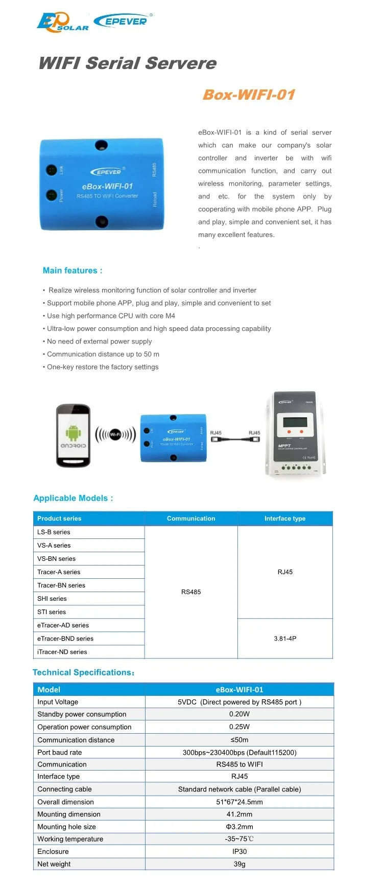 EPEVER Tracer MPPT Solar Charger Controller with wireless monitoring, compatible with various EPEVER product series.