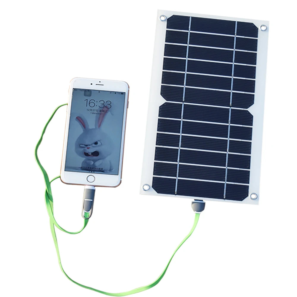 5W Solar Charger Flexible Solar Panel, Portable solar charger for outdoor use, charges devices via USB output, suitable for camping and mobile phone power.