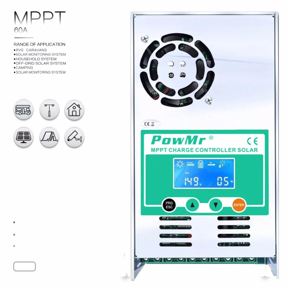 PowMr MPPT 60A Solar Charge Controller, Off-grid power controller for RVs, caravans, and solar systems; suitable for various applications and battery types.