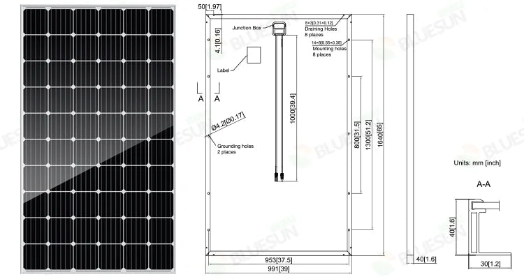 Bluesun 330W Solar Panel with 60 cells, featuring 1102@ALt units and specifications: size, weight, and power output.