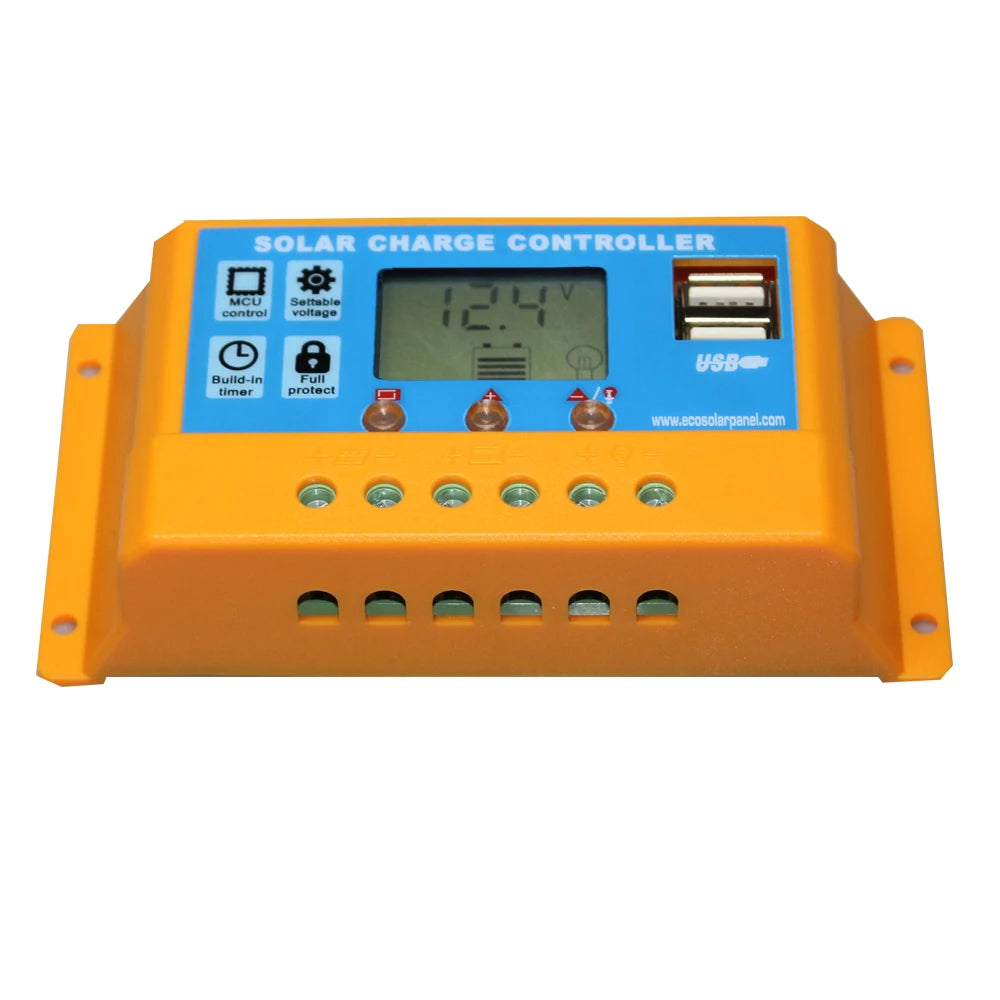 Solar charge controller with LCD display, USB output, and overcharge protection for 12V/24V systems.
