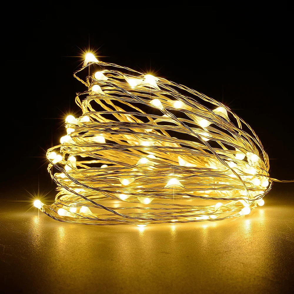 LED Solar Fairy Light, String lights with 7-22 meter lengths, LED color options, and weights ranging from 300g to 1000g.