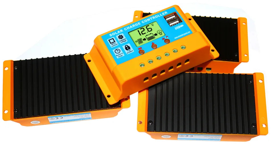 Intelligent solar panel charge controller with LCD display and 5V USB port for monitoring and charging your batteries.