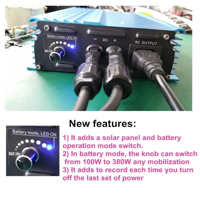 500W Grid Tie Inverter, Switch between solar and battery modes with adjustable power output (1000W-380W) and recall previous settings.