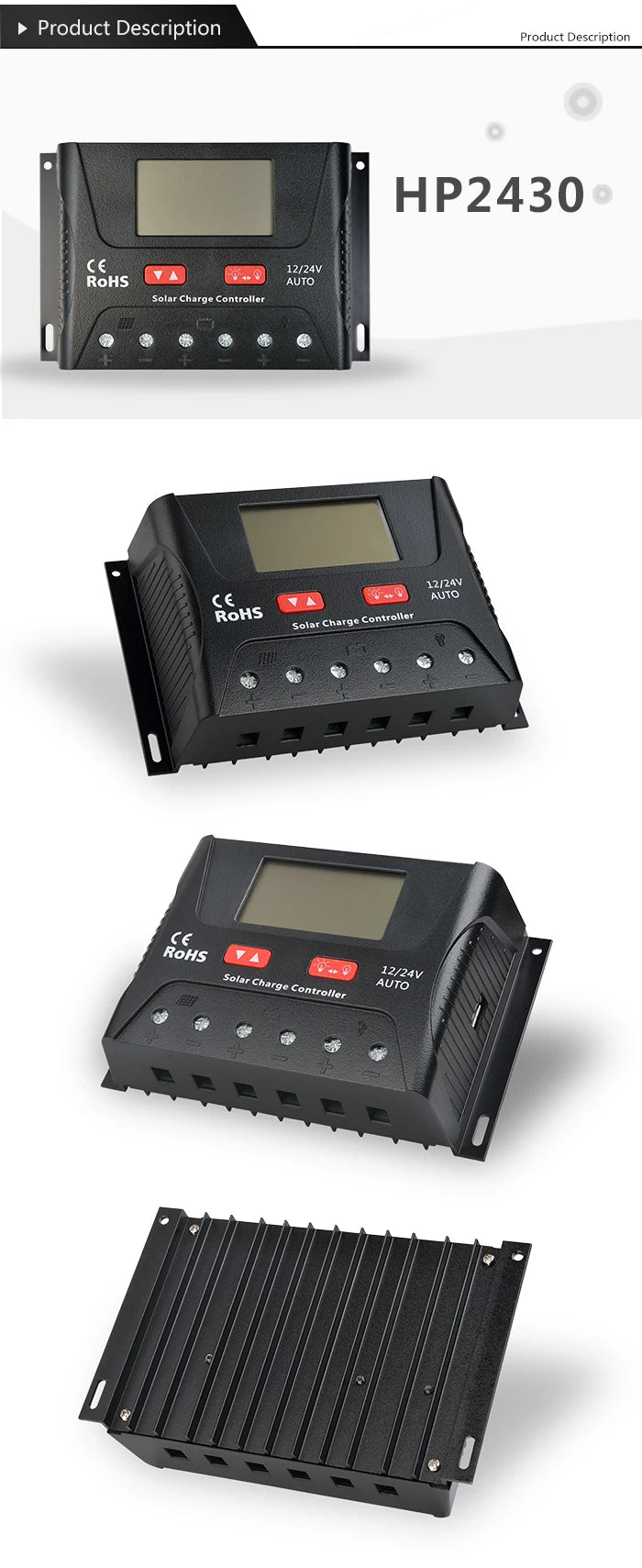 Auto solar charge controller regulates power from solar panels to charge various battery types.