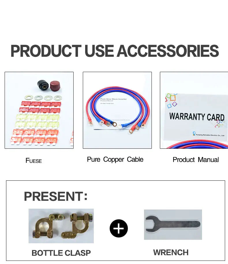 Pure Sine Wave Inverter, Product includes: warranty card, user manual, and accessories (copper cable and bottle clasp wrench).