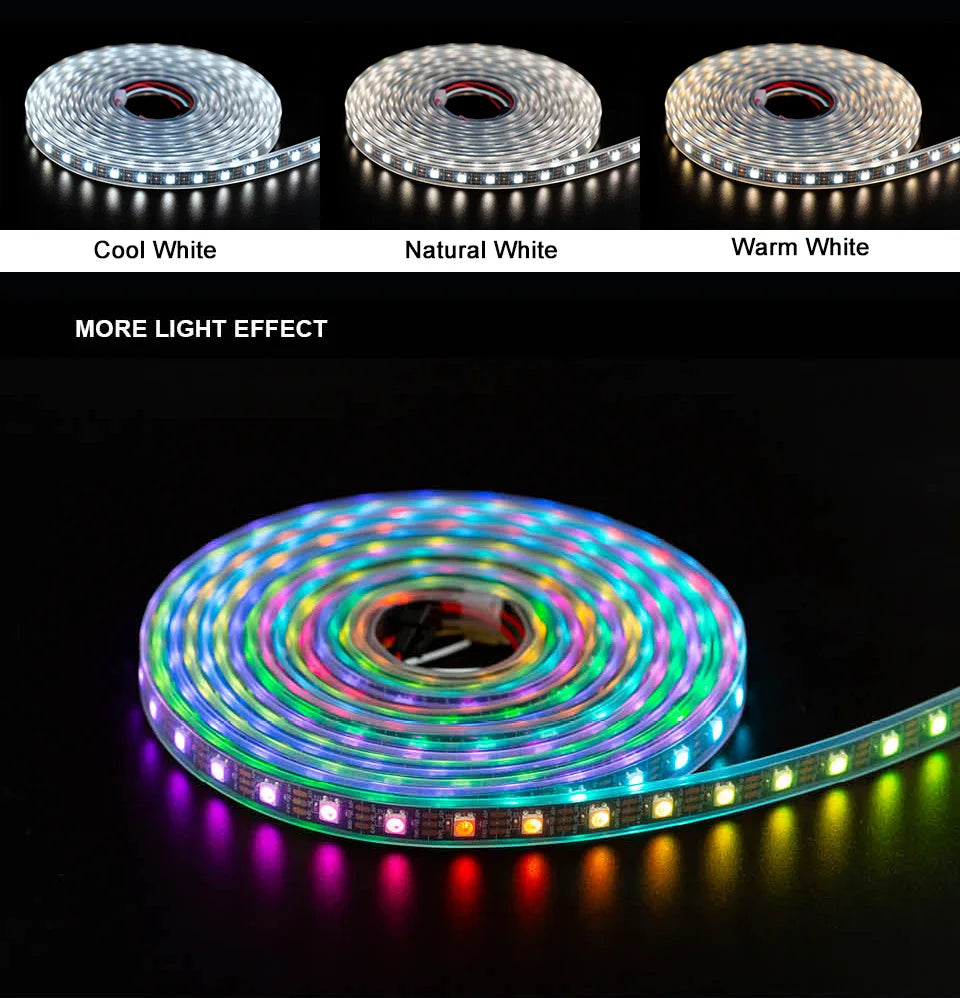 SK6812 RGBW Led Strip Light, Cool, natural, and warm white lighting options available in lengths up to 144 LEDs.