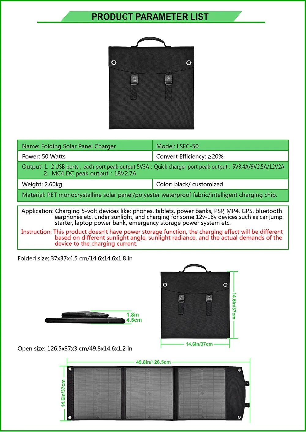 50W Portable Solar Panel, Best Solar Panels - 18v DC