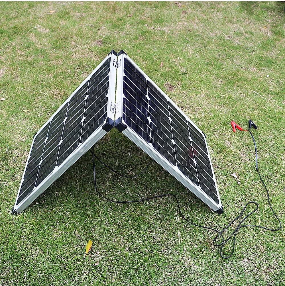 Dokio 100W Foldable Solar Panel, Dokio brand foldable solar panel, 100W monocrystalline silicon, 18V 10A output.