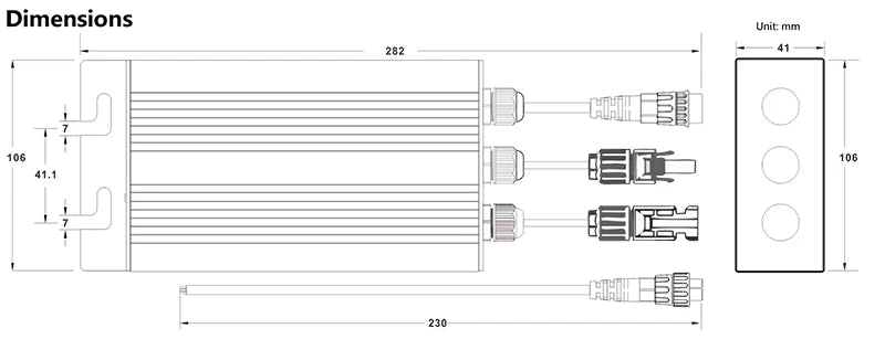 MPPT Solar Grid Tie Micro Inverter, Adjustable desk dimensions: 282mm length, 106mm height, adjustable up to 0mm.
