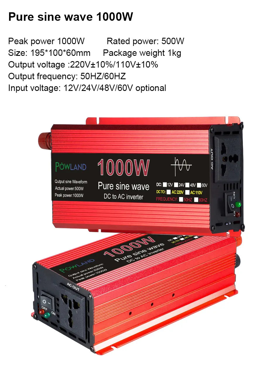 Pure sine wave inverter with 1000W peak power and 500W rated power.