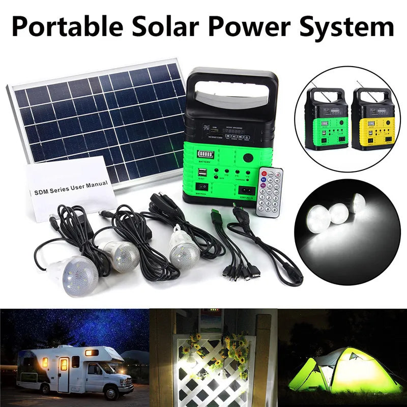 Portable solar power kit with 10W panel, battery, and LED lights for outdoor use.